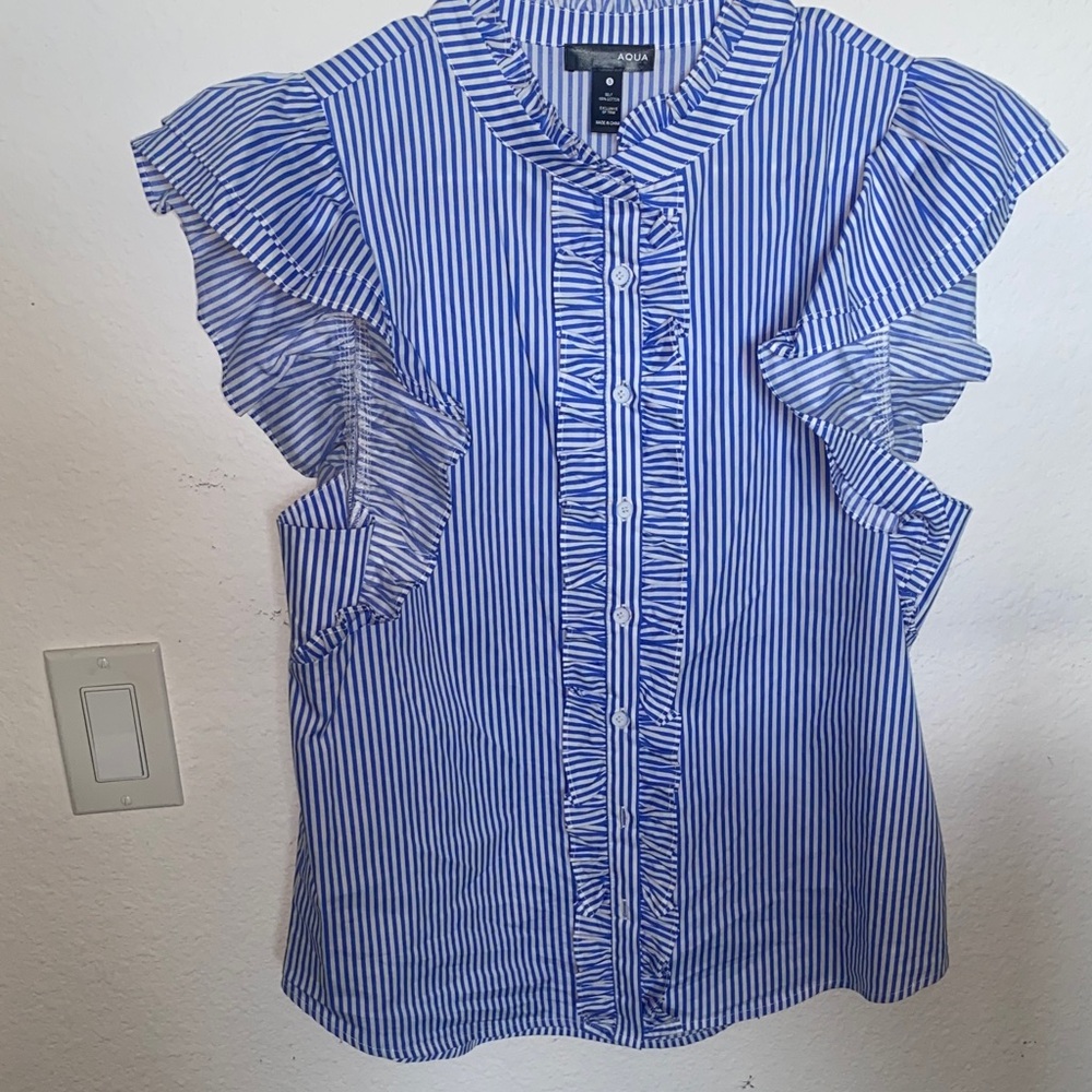 Aqua by Bloomingdales Short Sleeve Blue and White Striped Ruffle Blouse